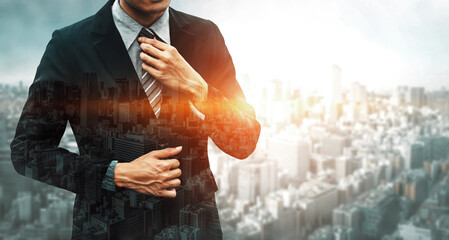 Double Exposure Image of Business Person on modern city background. Future business and...