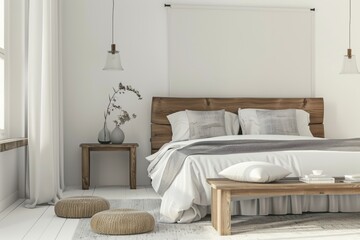 A spacious Scandinavian master bedroom with a large, inviting king-size bed dressed in white linens and light gray throw pillows. Natural wooden side tables and soft