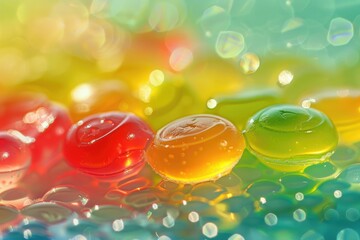 Colorful Water Drops on Vibrant Jelly Beans with Bokeh Background