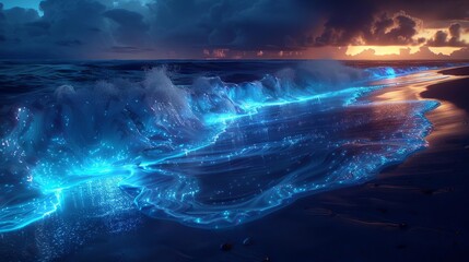 Transform the panoramic view of bioluminescent waves into a mesmerizing digital art piece