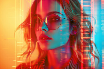 Stylish woman in hipster glasses with vibrant neon glitch effect