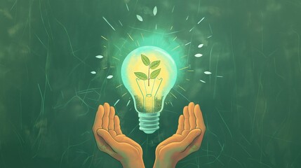 Open hands cradling a light bulb with growing leaves. Illustration of green energy and eco-innovation concept for environmental sustainability poster, banner, and web design.