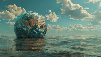 Artistic depiction of Earth's landmasses melting away, symbolizing the consequences of global warming.