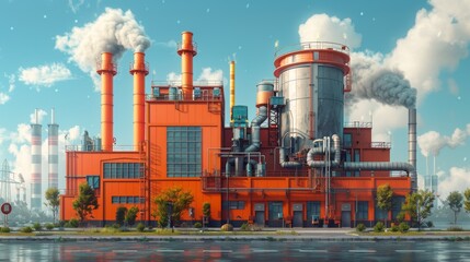 Modern factory building with smoke emitting pipes suspended on white background. Electricity generating plant with flat color illustration.