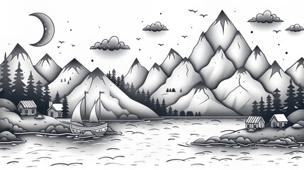 Landscape with ships in the ocean, houses, trees and mountains drawn with contour lines. Marine journey or adventure travel location. Monochrome modern illustration in a contemporary linear style.