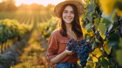 Fototapeta premium A Woman Harvesting Grapes in Vineyard