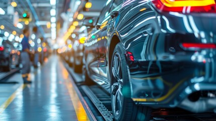 Production line in an automobile factory showing a series of shiny new cars, highlighting advanced manufacturing and automotive engineering.