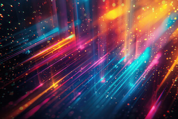 Abstract background with neon sparkle lines and defocused lights in blue, orange and purple color	