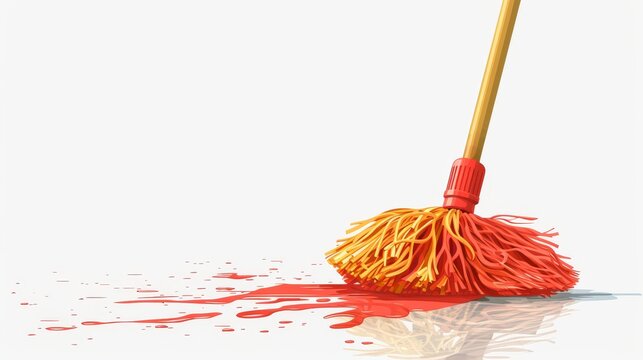 recommend clip art: Spin mop in plastic with a stick and a brush for floor cleaning. Household products for cleaning. Modern illustration of swabs on white with color.