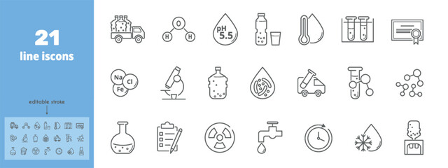 Purified water delivery line icons set. Molecule, freezing point, bacterial, heavy metals, tap, clean, drop, faucet, hot, drink, vector illustration. Editable stroke.