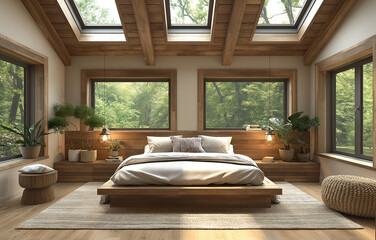 Cozy bedroom interior in wooden house with wooden beams and windows on the ceiling. 