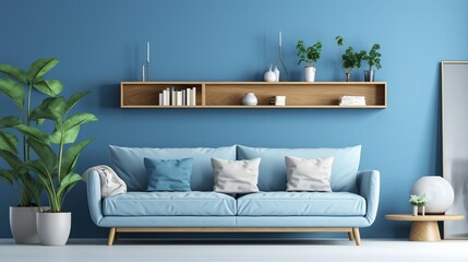 Chic modern home with Scandinavian interior, showcasing a grey sofa set against a vibrant blue wall complemented by a simple, stylish shelf