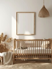 Frame mockup, kids room home interior with baby bed