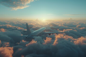 A dreamy airplane view cruising above an expanse of fluffy clouds illuminated by the soft sunset light