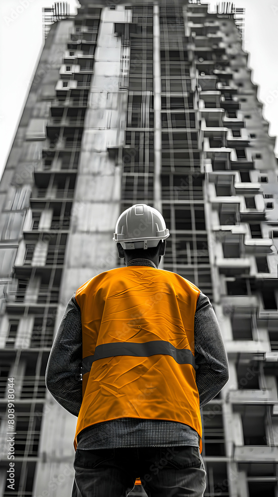 Poster photo realistic concept of a site supervisor reviewing progress and ensuring tasks are completed eff
