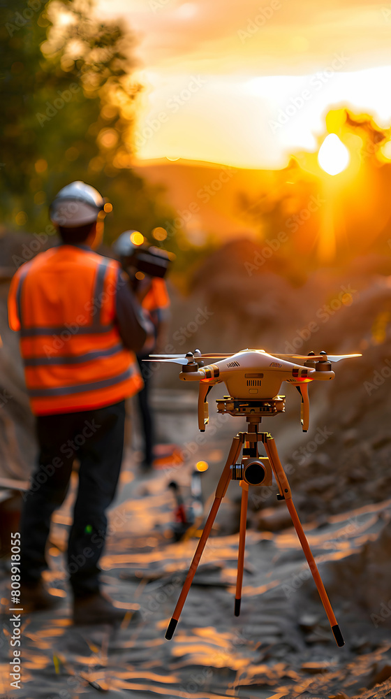 Poster high resolution photo realistic imaging of site surveyors using drone technology for land developmen