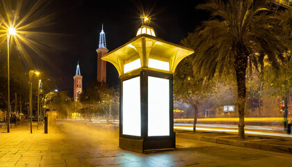 night shot of a luminous advertising lightbox or display at a bus stop in barcelona spain