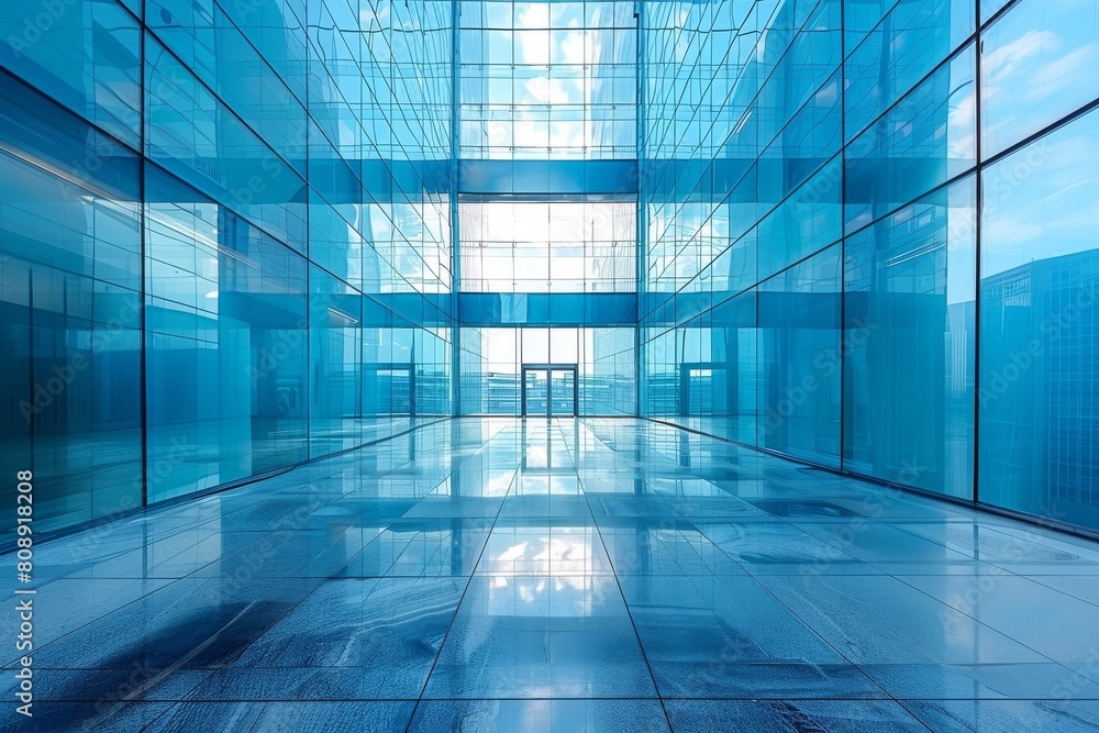 Poster inside view of a reflective glass building, showcasing transparency and intricate architectural line