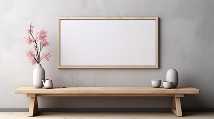 Conceptual interior showcasing three blank frames on a wall, complemented by a bench with decorative vases and subtle sunlight shadows for a realistic mockup