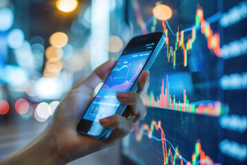 Close up hand of a businessman holding a smartphone and stock market graph on screen. Stock market investment and trading concept. - Powered by Adobe