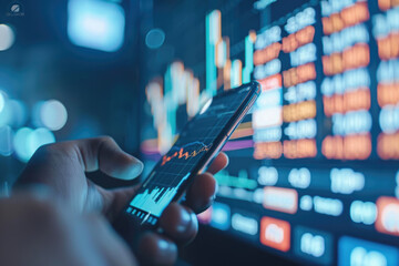 Close up hand of a businessman holding a smartphone and stock market graph on screen. Stock market investment and trading concept.