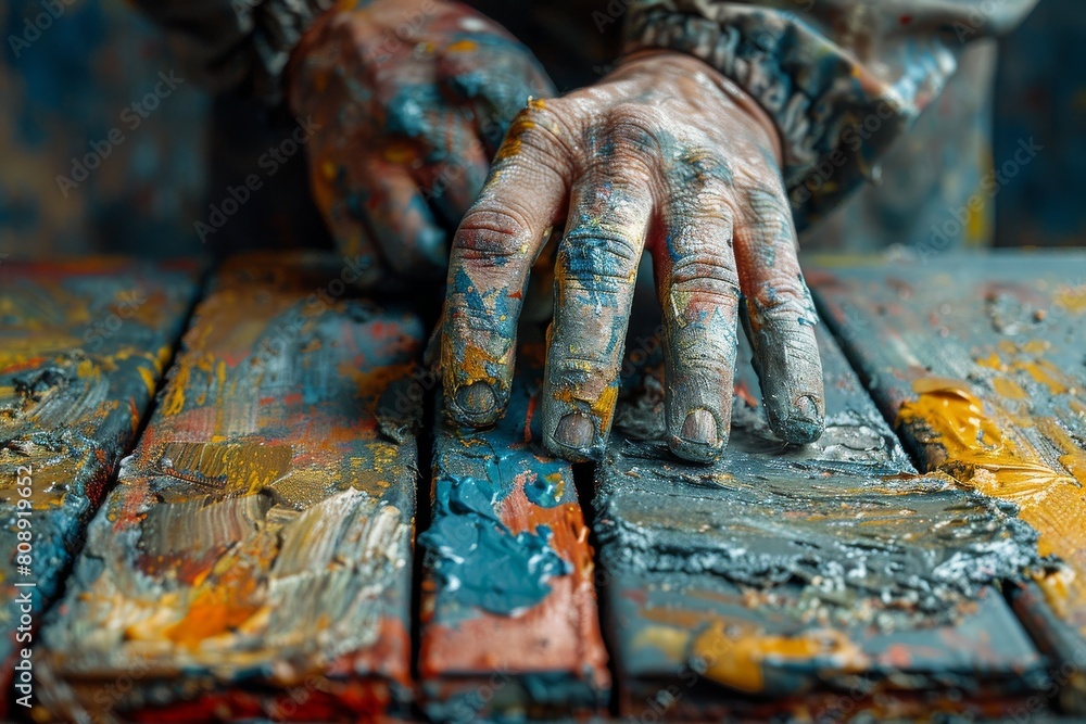 Poster a detailed close-up capturing a hand smeared with colorful paint, resting on a textured canvas showi