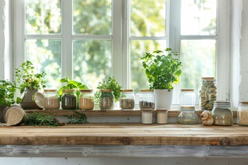 Bright and airy kitchen scene with herbs hanging and spices on the counter, homey and inviting