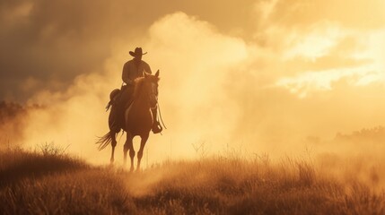 A cowboy riding a horse in the light at sunset