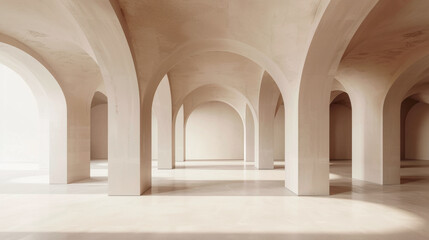 A large empty hall with beautiful modern architectural elements, like round arches, intersecting volumes and intricate details, concrete, neutral tones. 