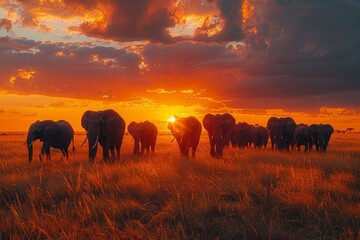 An enchanting view of elephants moving together against the backdrop of an amber-toned sky, evoking a sense of unity