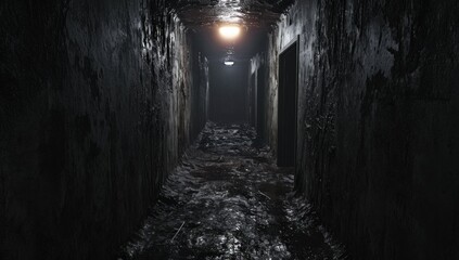 A dark corridor in an abandoned building. Cluttered corridor in ruins. Abandoned building. Horror. Dark room