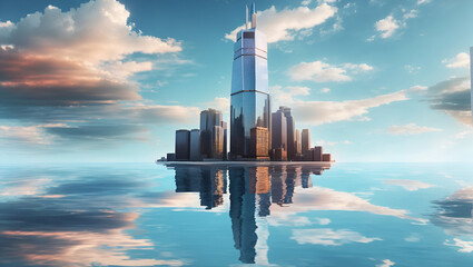 A skyscraper reflected in a nearby body of water, creating a dreamlike and surreal illusion