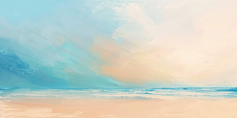 Impressionism, soft colors, blurred image of sand sea and blue sky, oil texture background, flat brush strokes.