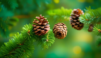 pine cones on a pine tree with a green background