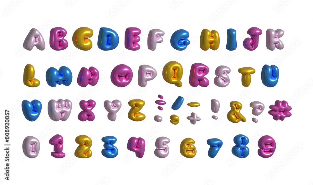 Poster y2k glossy colorful 3d bubble font with inflated english letters and numbers. multicolored balloon s
