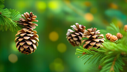 Fototapeta premium pine cones on a pine tree with a green background and natural lighting