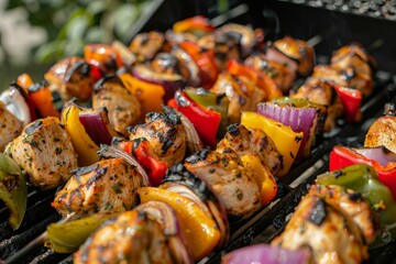 Close-up image of chicken kebabs marinated and placed on a bright grill, surrounded by colorful...