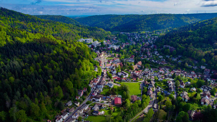 Aerial view around the city of Bad Herrenalb in Germany  on a sunny spring day