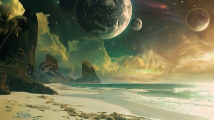 beach on space with planet scene
