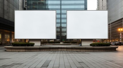 Two blank billboards on a building facade in an urban setting, serving as a mockup for exterior advertisements, showcasing potential advertising space