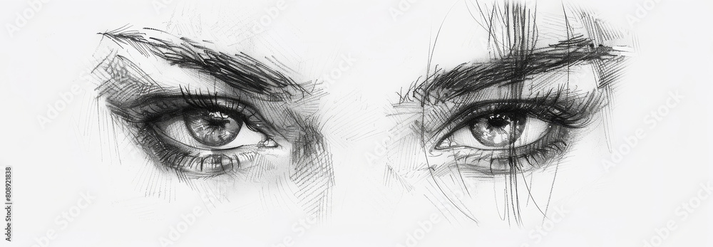 Wall mural pencil sketch of woman eyes. close-up of human eyes in pencil on white paper. generative ai