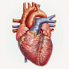 Realistic anatomical heart drawing with colorful artistic touches on a white background