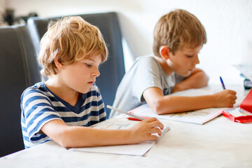 Two boys doing homework together. Brothers, siblings and twins learning at home. Elementary school...