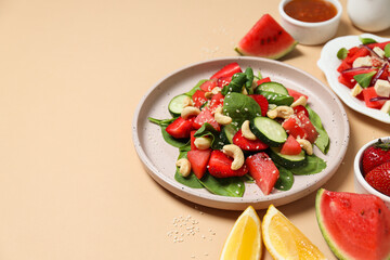 Watermelon salad in a bowl with fresh fruit