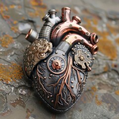 Black and copper steampunk anatomical heart with detailed gears and textures