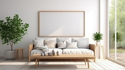 Fototapeta premium Inviting relaxation room setup with a comfortable sofa, modern drawer, and a mockup frame, all framed by a large panoramic window