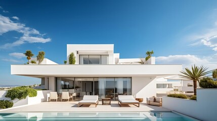 Fototapeta premium Luxurious and modern, this closeup of a white villa features a grand balcony and terrace against a minimalist blue sky, designed with ample copy space