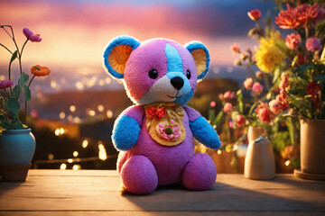 Pink-blue bear toy. Kid soft toy at evening light on garden wooden desk. - 808922667