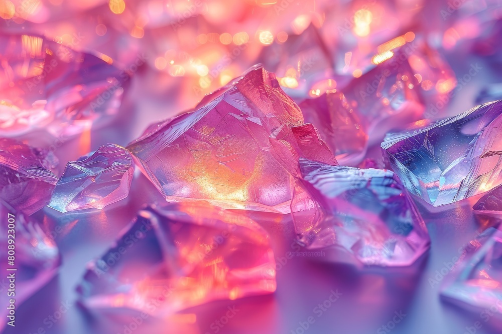 Poster closeup of sparkling pink and blue crystal shards illuminated, with a bokeh effect in the background