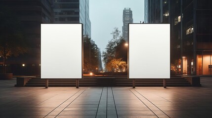 Mockup of two blank billboards mounted on a city building facade, ideal for demonstrating advertising potential in an urban setting